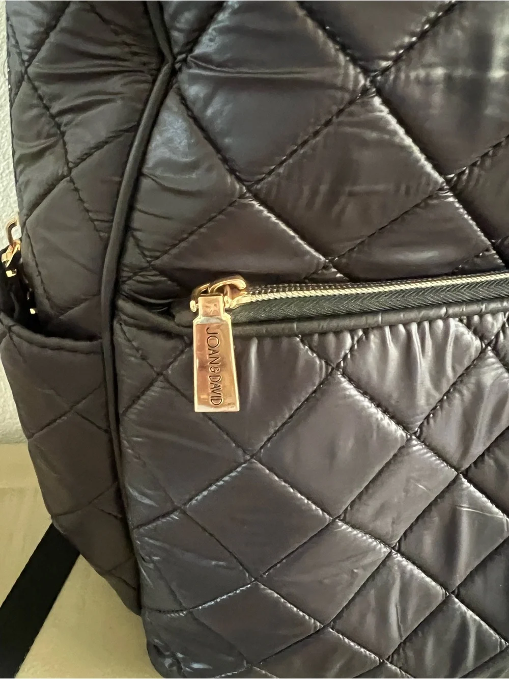 Joan & David Quilted Black Nylon Backpack with Gold Accents